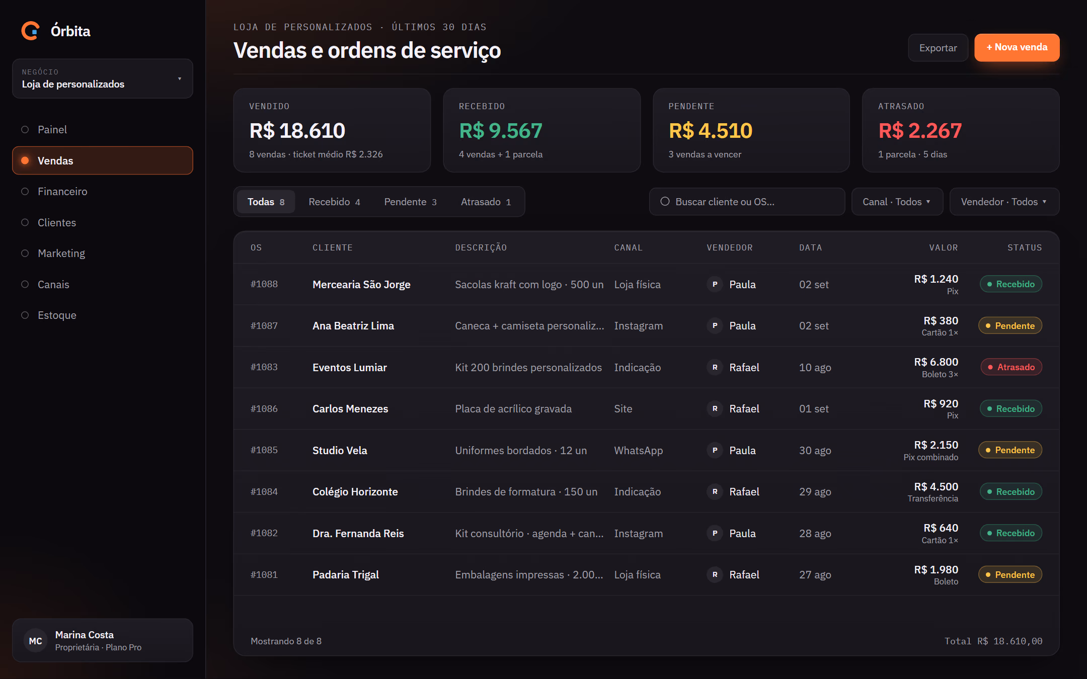 Tela Vendas da Órbita no computador