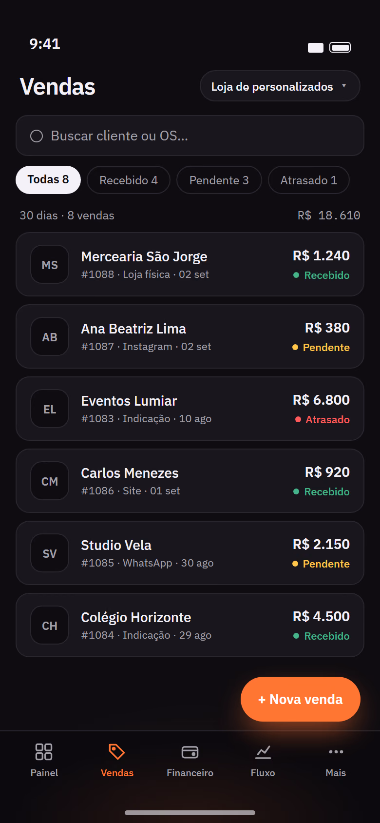 Tela Vendas da Órbita no celular