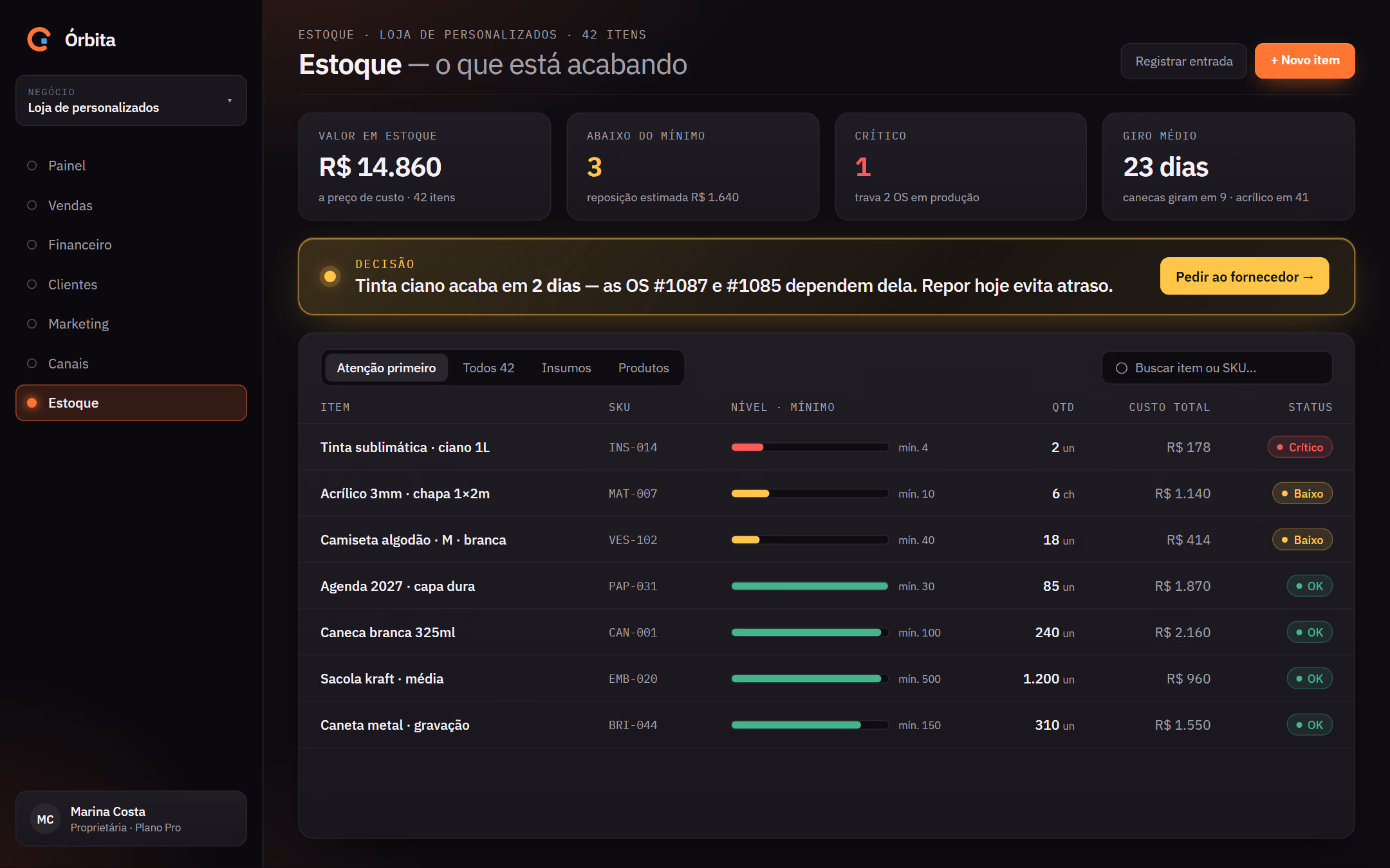 Tela Estoque da Órbita no computador