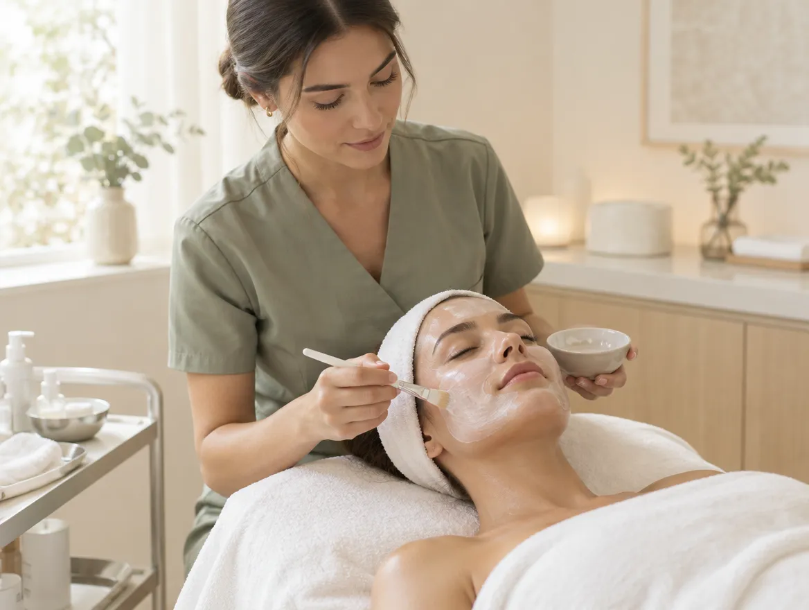 Profissional de estética aplicando máscara facial numa paciente